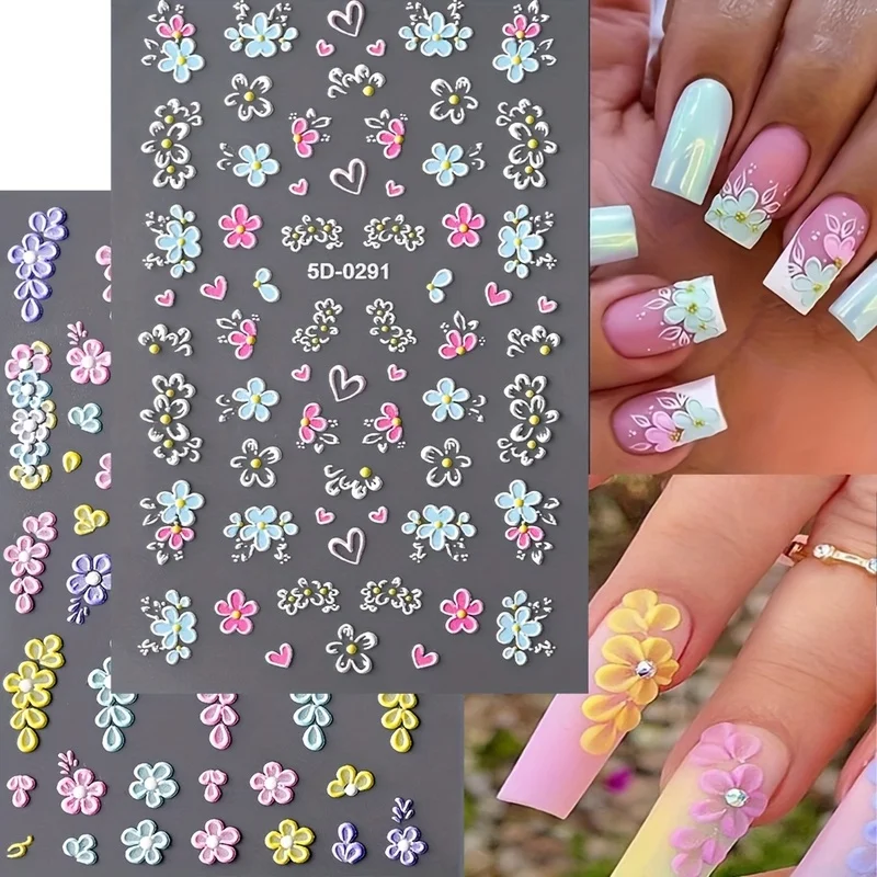 1Piece Pack 5D3D Embossed Flower Nail Stickers Pink and Blue Petals, butterfly, Heart, French Lines Acrylic Spring/Summer Floral view 3