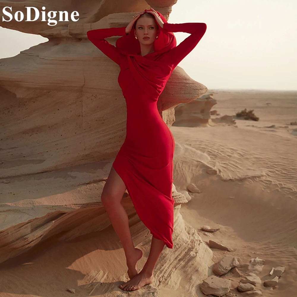 

SoDigne Elegant Red Evening Dresses Mermaid V-Neck Draped Full Sleeves Saudi Arabia Party Dress 2025 Dubai Prom Gowns Customized