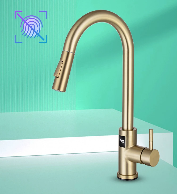 Touch Digital Kitchen Faucet Brushed Gold Hot Cold Kitchen Sink Mixer Tap Stainless Steel Smart Digital Touch on Kitchen Faucets