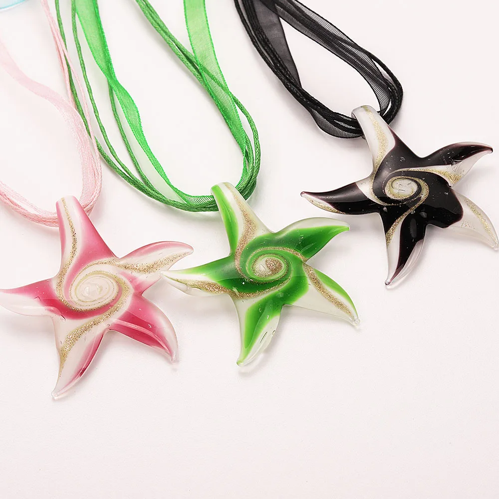 Fashion Wholesale 6pcs Handmade Murano Lampwork Glass Mix Color Reticular Starfish Pendants Charms Necklace Hot necl0051