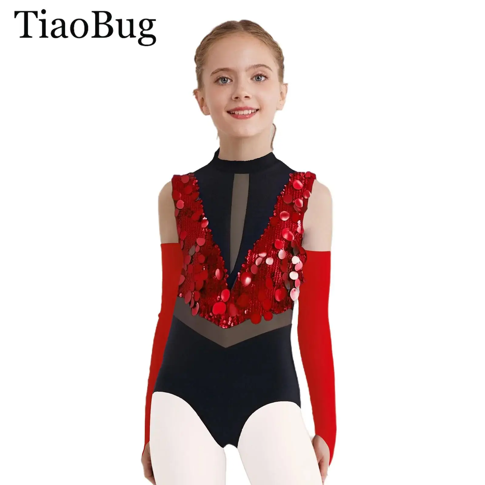 

Girls Sparkling Sequin Jazz Dance Outfit Ballet Dance Leotard Skating Sleeveless Gymnastics Bodysuit And Gloves Dance Costumes