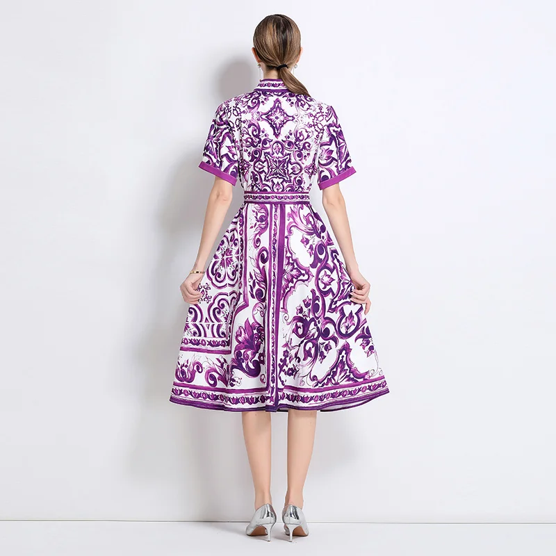 Cárdigan Abierto con Estampado Floral Morado Ele, Falda Tipo A con Cinturón, Tela de Poliéster, Estilo Casual para Mujer