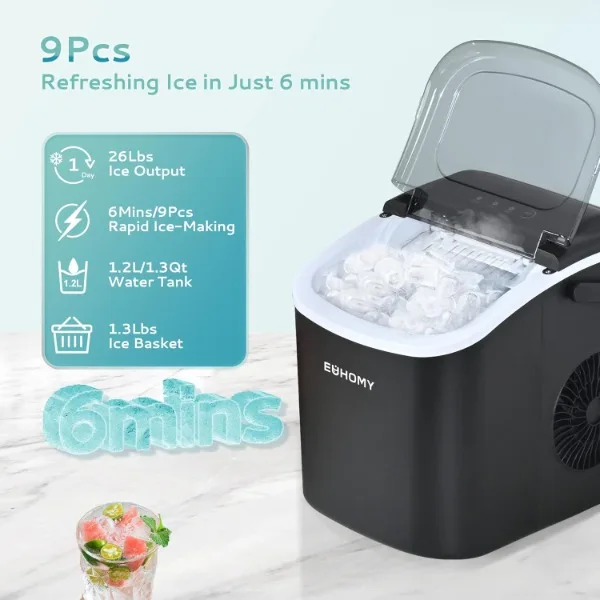 EUHOMY-máquina de hielo portátil para encimera, máquina de hielo con mango, 26 libras en 24 horas, 9 cubitos de hielo listos en 6 minutos, limpieza automática