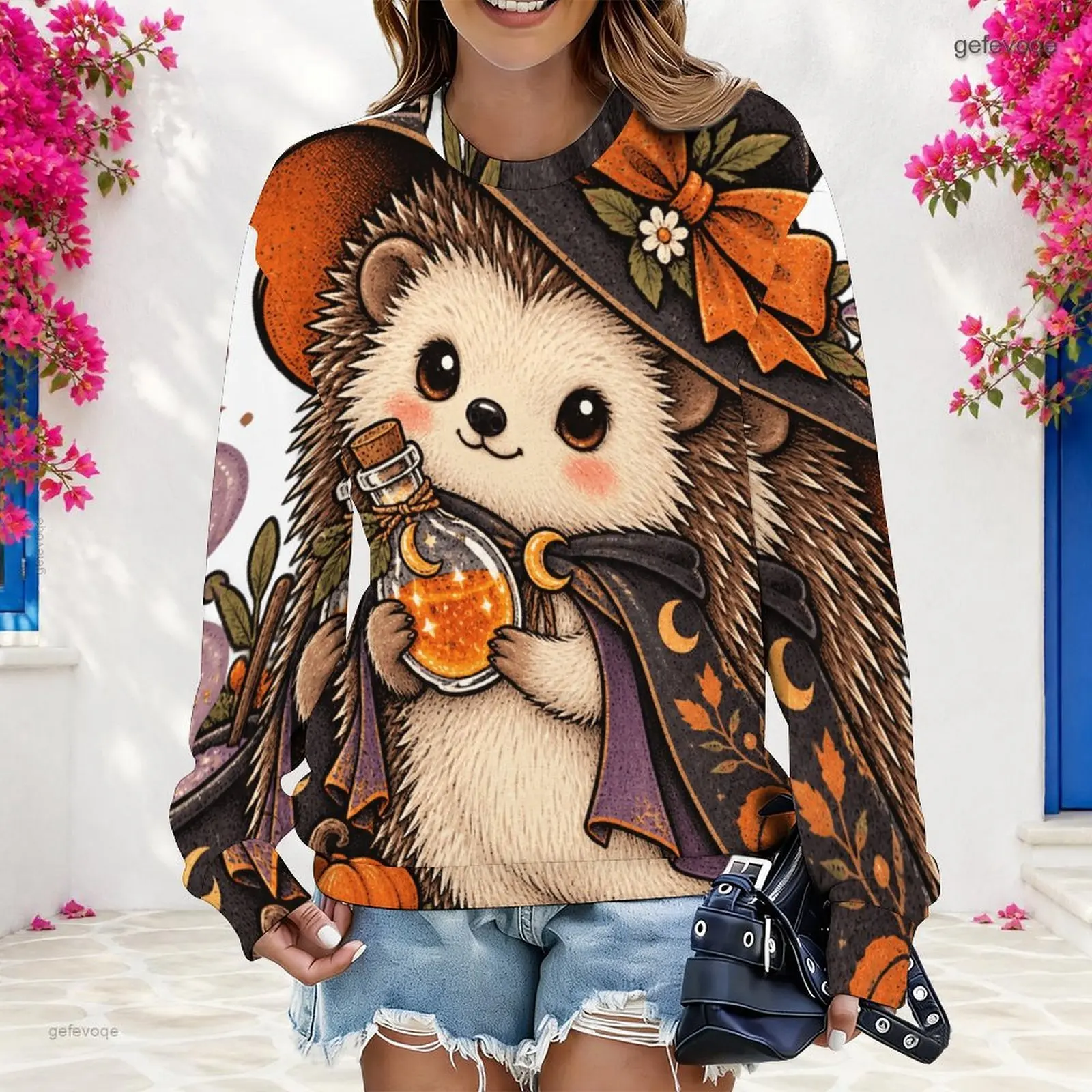 Round Neck Long Sleeve Ribbed Cuffs Pullover Printed Sweatshirt for Women