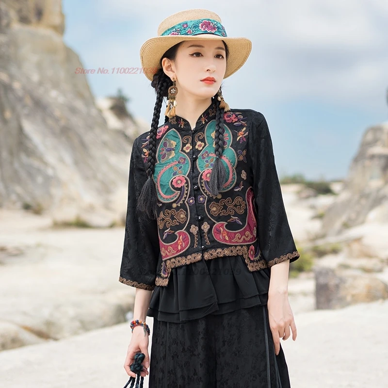 

2025 traditional chinese vintage blouse national flower embroidery satin jacquard blouse oriental stand collar coat hanfu tops
