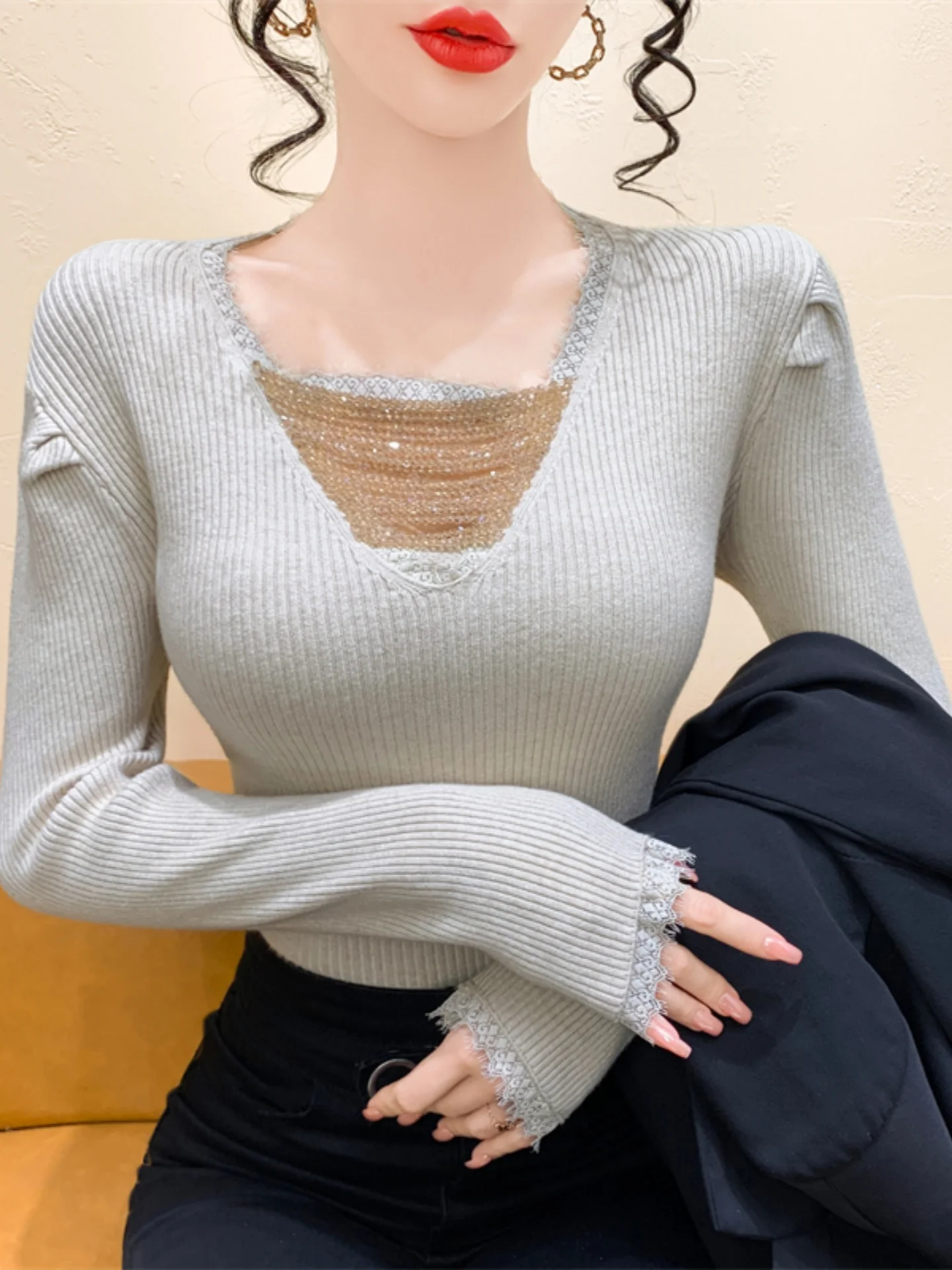 Ele V-Ne Strickwaren Base irt Damen Herbst Winter Design Hollow Out Strass Long Sve Inner Faionable Top