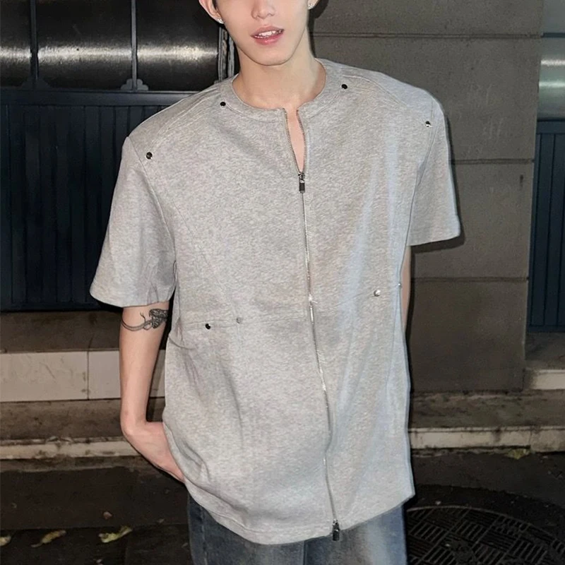 Men's Shoulder Padded Short Sleeve T-Shirt Full Zip Design Loose Yuppie Casual Tee Streetwear Versatile Summer Oversized Top