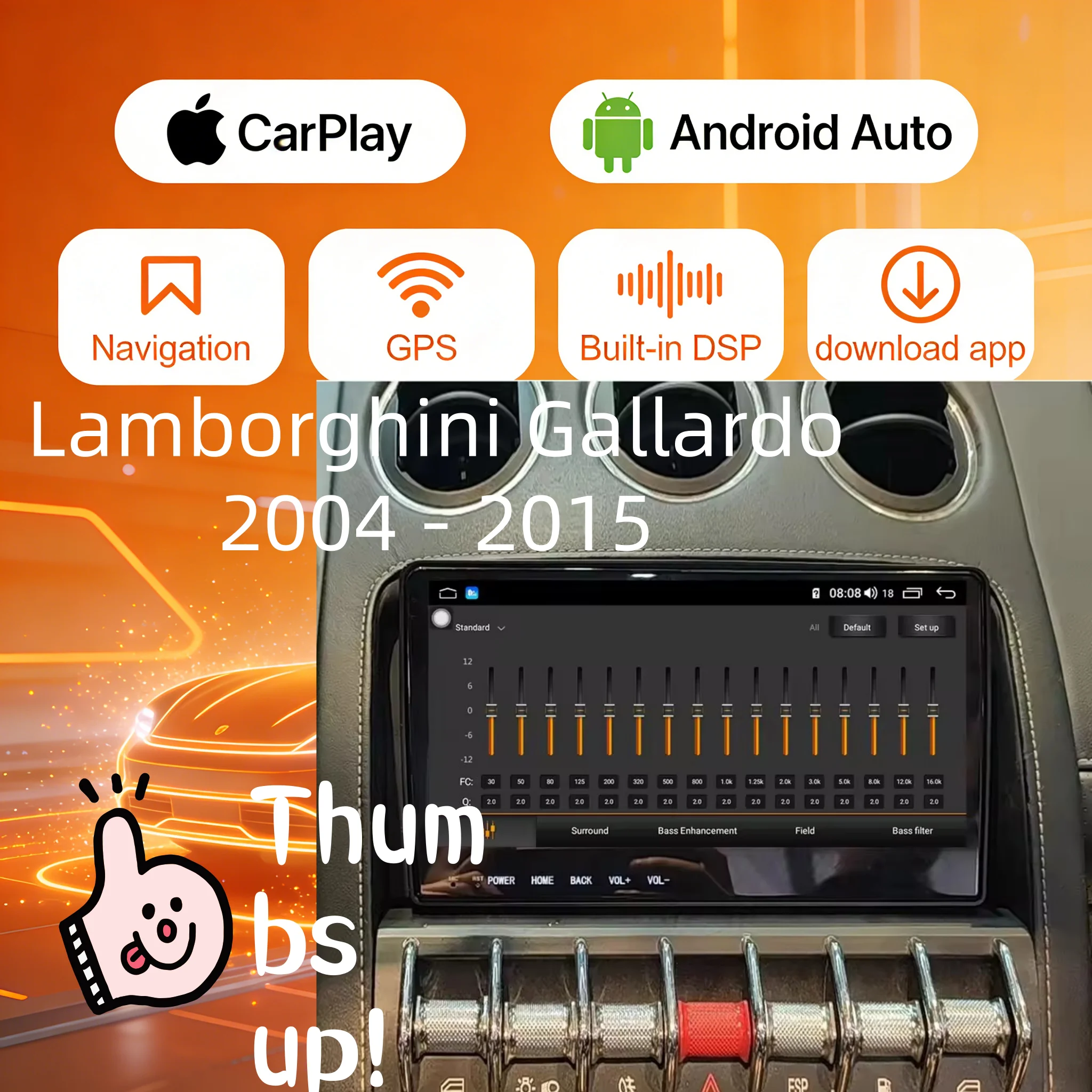 

9.66-дюймовый экран для Lamborghini Gallardo 2004-2015, Android 14, автомобильная стереосистема, GPS-навигация, мультимедийный проигрыватель, радио, записывающее устройство.