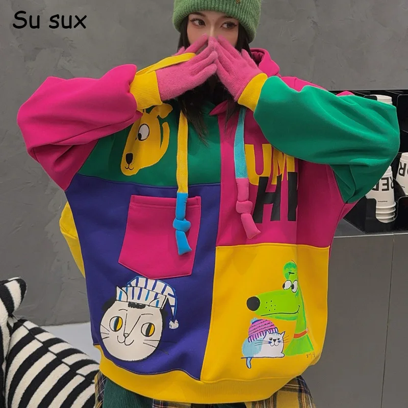 

2025 зимние флисовые толстовки с капюшоном и мультяшным принтом, женская одежда Y2k, повседневные пуловеры, топы с длинными рукавами, бюст 120 см