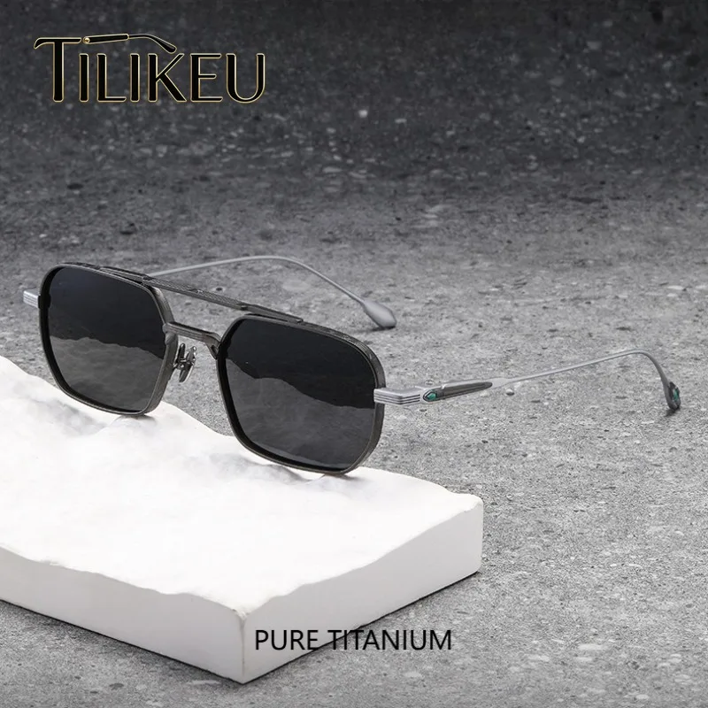 

American-style Retro Pure Titanium Square Pilot Men's Polarized Sunglasses Wide Rim Double Bridge Sunglasses for Fishing Driving