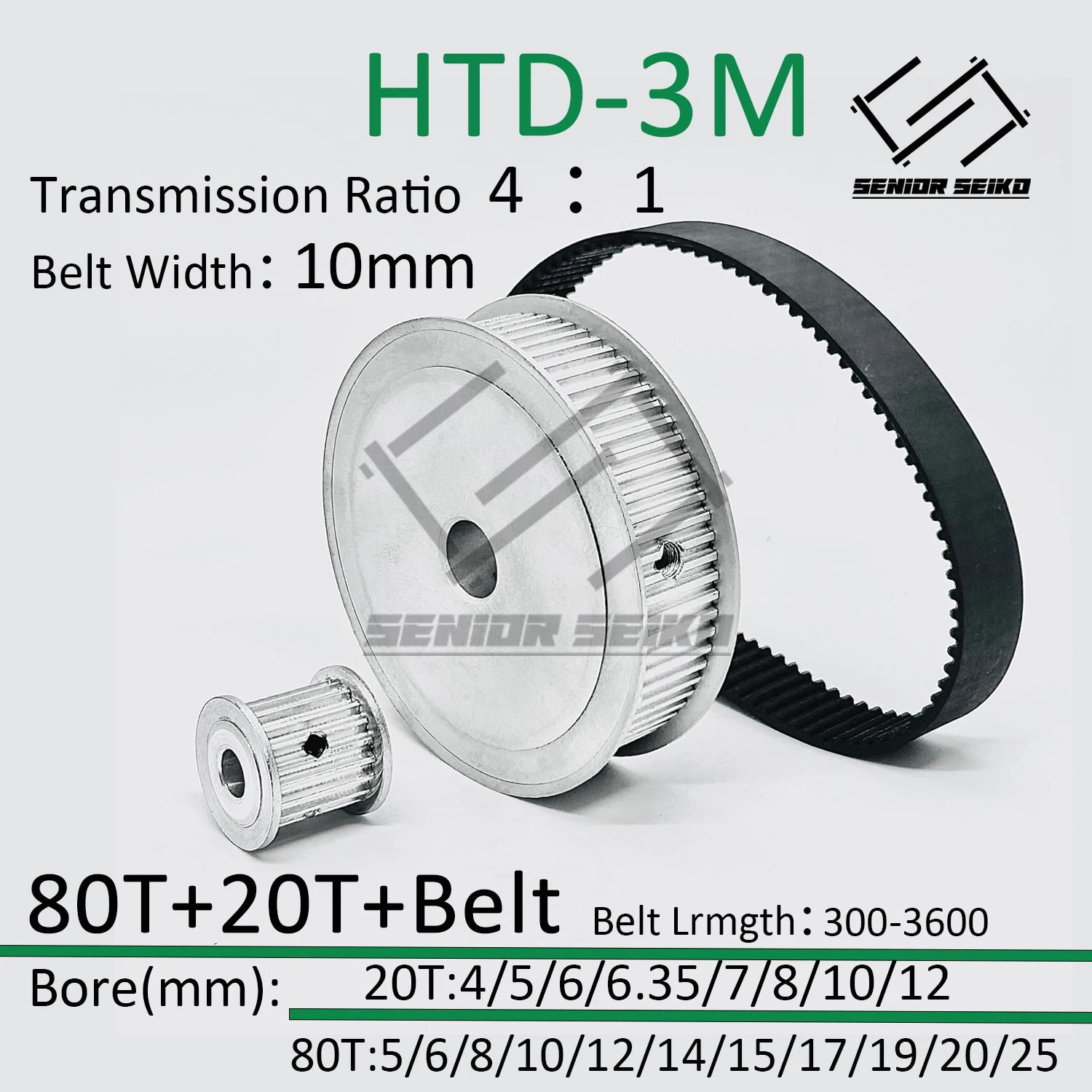 

HTD3M 80Teeth 20T 20Teeth 80T Timing Pulley Belt Set Belt Width 10mm Bore 4~25mm Reduction 4:1 3M Pulley Kit Synchronous Wheel