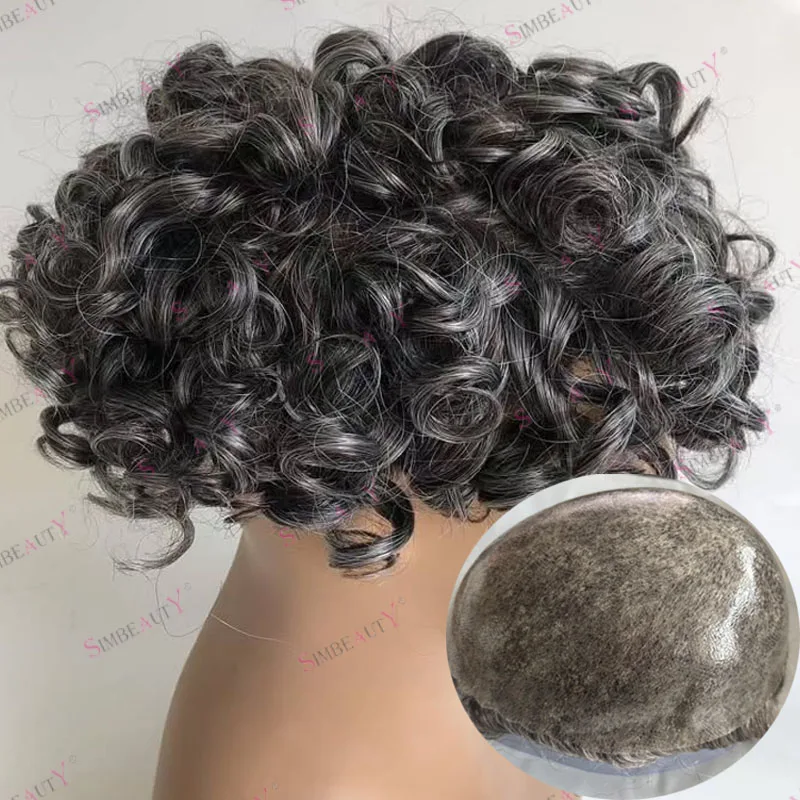 

Необнаружимая микрокожа, 18 мм, вьющийся мужской парик 1B20, серый старик, парики из человеческих волос, система капиллярного протеза, естественная линия волос