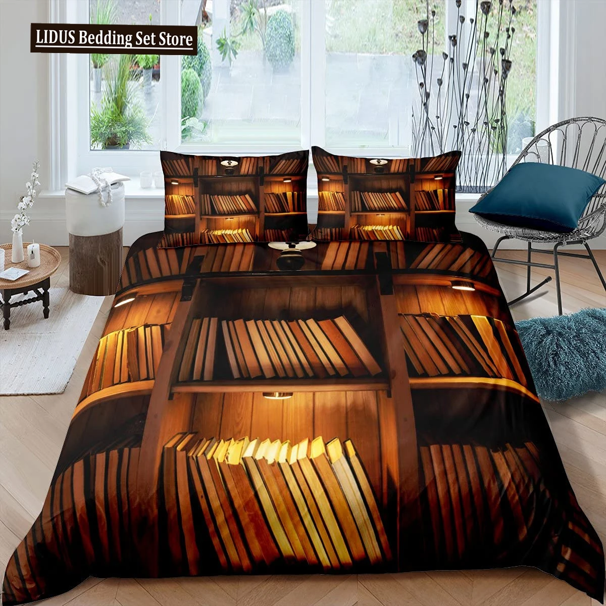 

Books Lovers Gift Duvet Cover Set Full Size,Readers And Literary Lover Bedding Sets,Vintage Librarians Bookshelf Comforter Cover