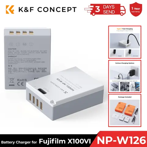 K&F Concept 2팩 NP-W126 NP-W126S 배터리(Fujifilm X100VI X100V XS10 XT30 XT30 II XT20 XE4 카메라용 USB C 고속 충전 포함)