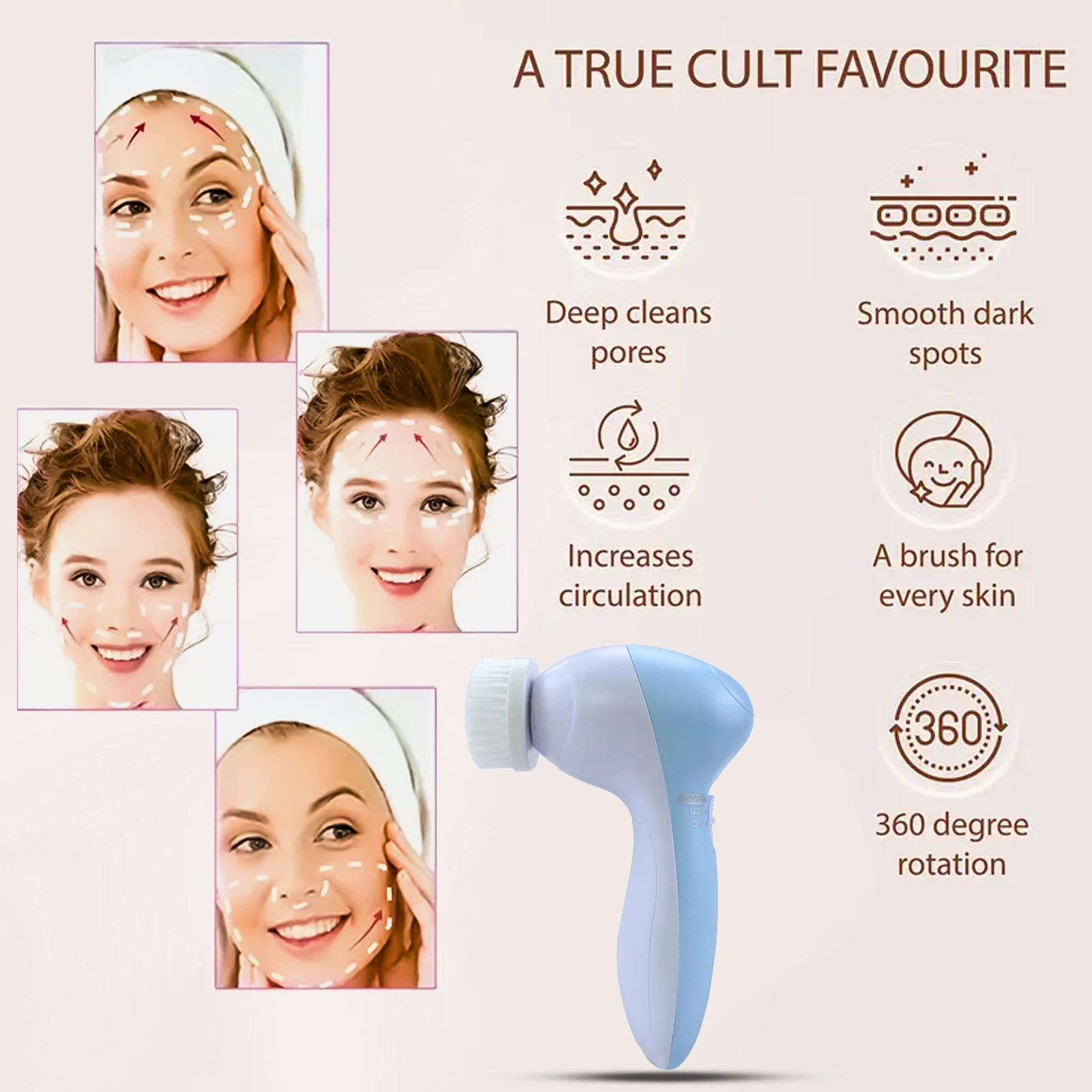 5-in-1 Facial Cleansing Brush - Deep Cleans, Exfoliates, and Massages Skin - Removes Blackheads and Tightens Pores - Gentle and