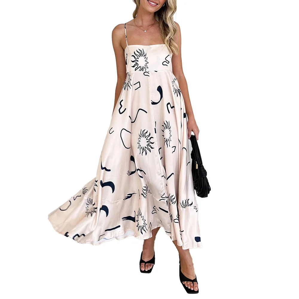 Womens Floral Pattern Graffiti Graphic Flowy Long Sun Dresses Y2k Beach Holiday A Line Aesthetic Casual Boho Smocked Maxi Dress