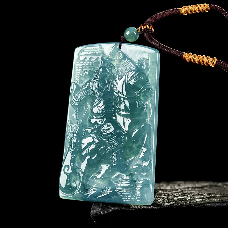 

Natural A-grade Blue Water Dragon Guan Gong Ice-Texture Jade Pendant Necklace Authentic Jewelry For Men's Gifts Women's Charms