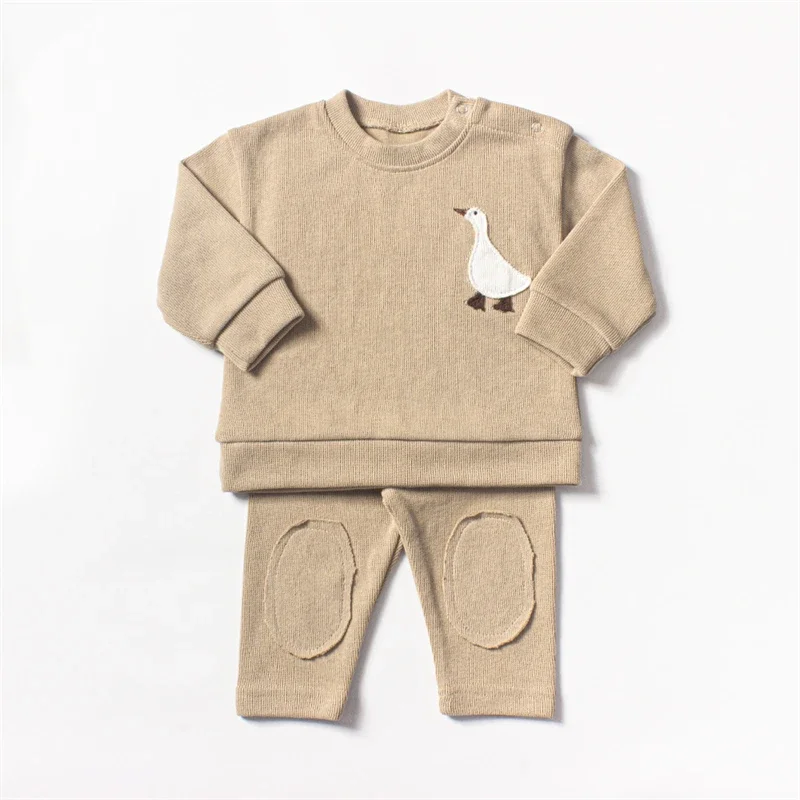 Cotton Boys Girls Sweat Suit Bear Goose Embroidery Kids Casual Tracksuit Hoodie Pants 2pcs Sets Patchwork Long Sleeve