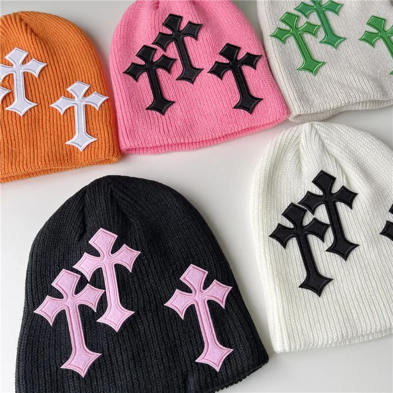 

Fashion Knitted Winter Hat for Women Lightweight Foldable Keep Warm Windproof Cycling Hats Y2K Cross Decor Beanies Hat