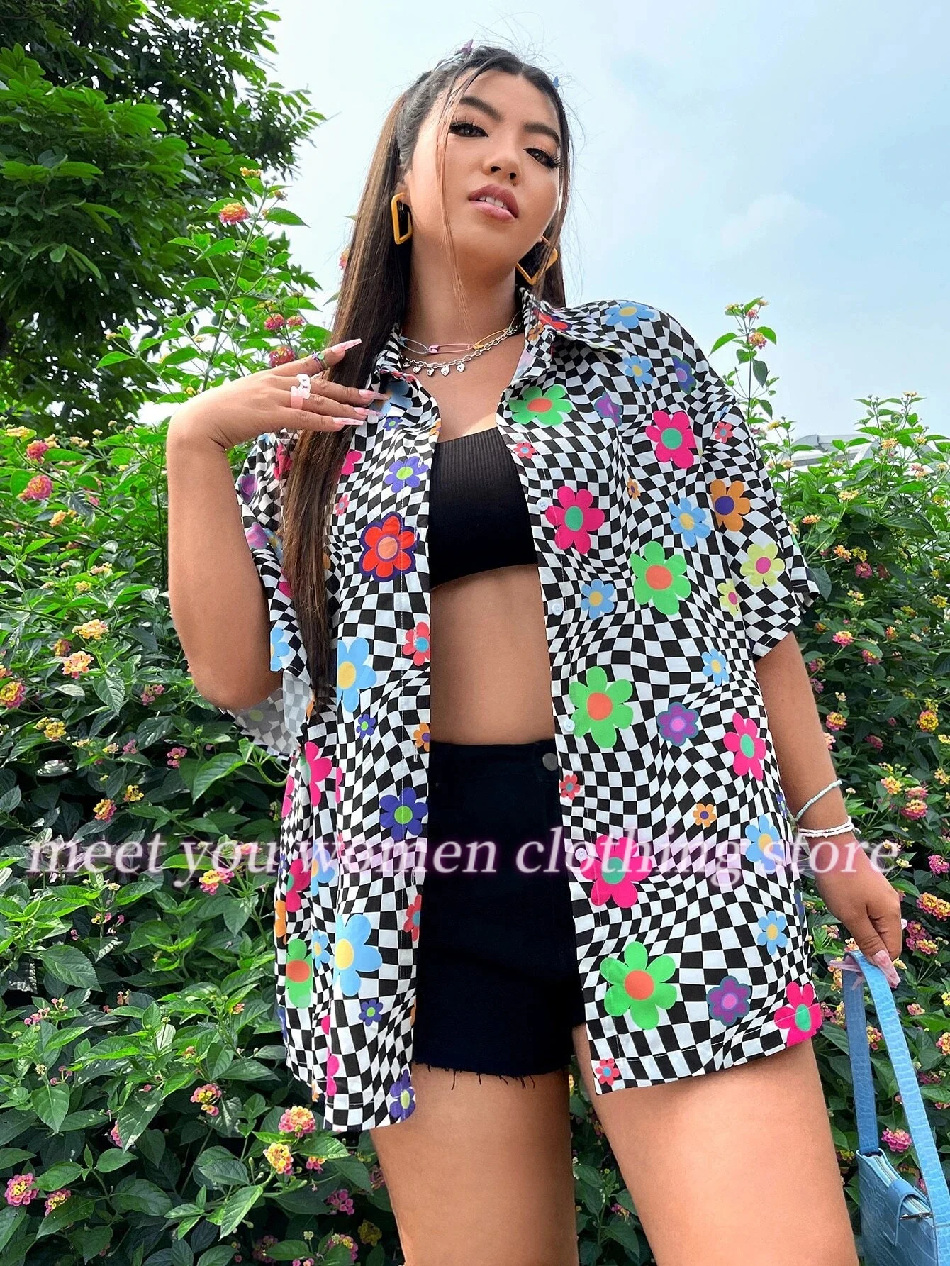 Black And White Grid Short Sleeved Shirts & Blouses Fashion Shirts Daily Hawaiian Beach Short Sleeved Shirts Loose Lady Shirts