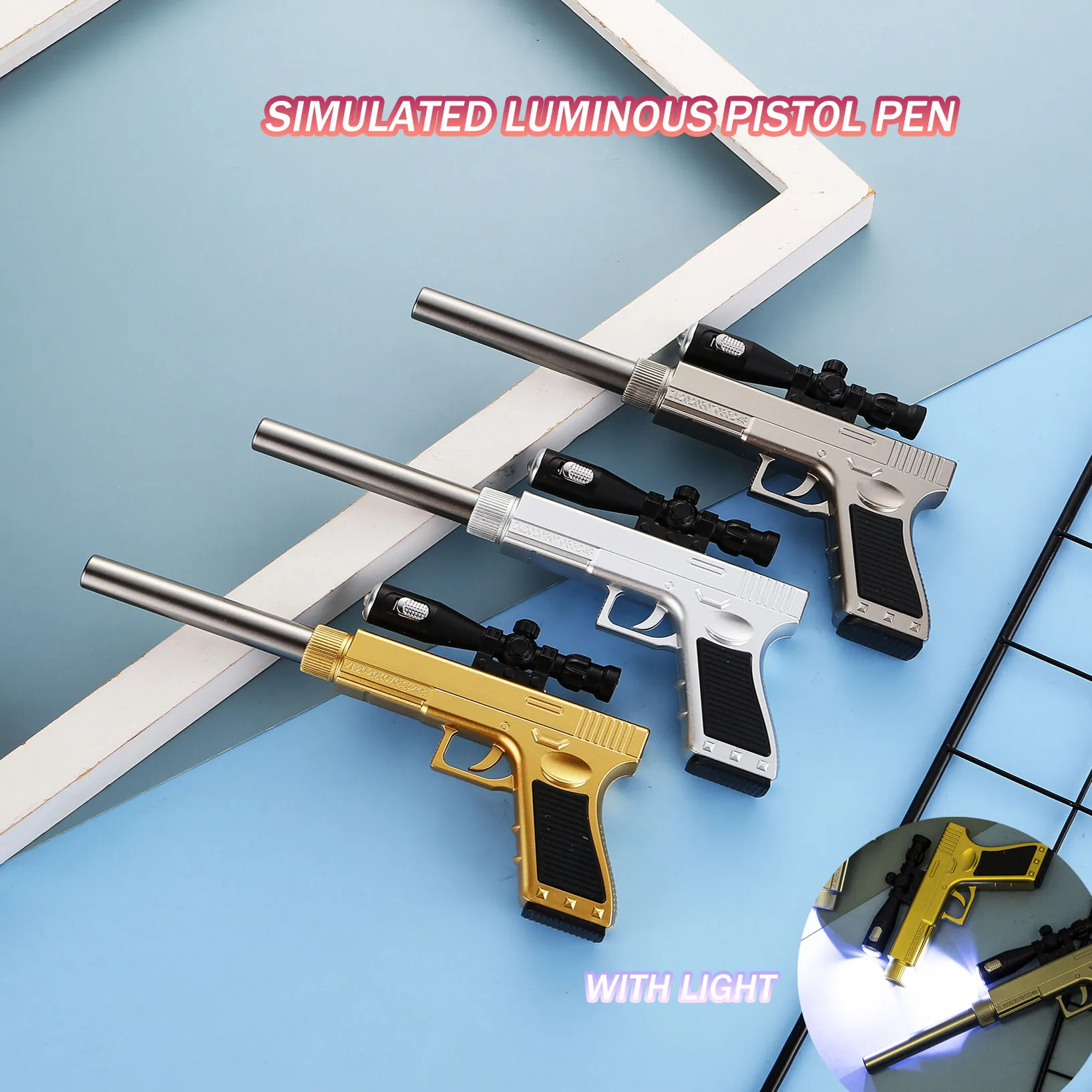 Creative Simulation Elite Pistol Gel Pen with Light Black Ink PUBG Weapon Luminous Pistol Pens School Stationery Children's Gift