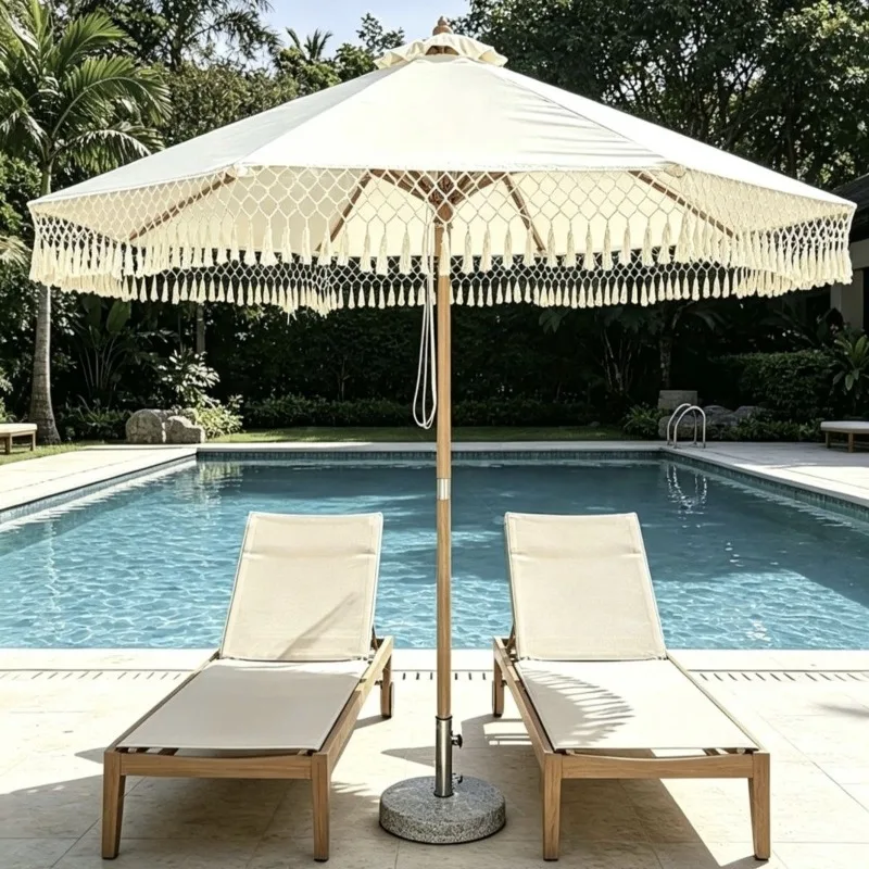 Camping parasol, aluminum alloy wood grain fringed courtyard beach middle column camping French restaurant cafe sun umbrella