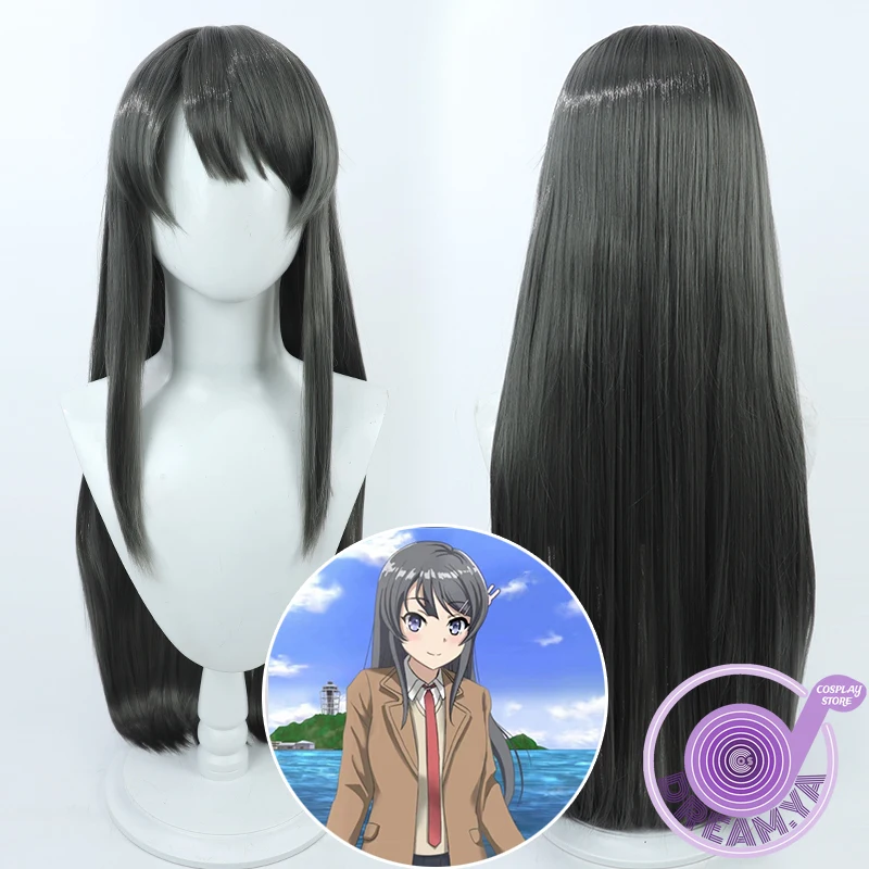 Sakurajima Mai Cosplay Wig Seishun Buta Dark Gray 80cm Long Synthetic Hair Halloween Carnival Party Role Play + Free Wig Cap