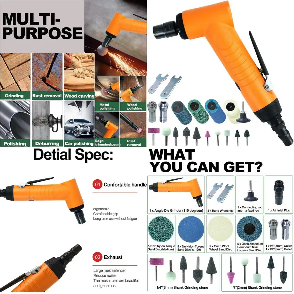 

Пневматическая угловая шлифмашина 1/4, 18000 об/мин, для автомобилей, шлифовки, удаления заусенцев, полировки, с цангами 1/4 и 1/8