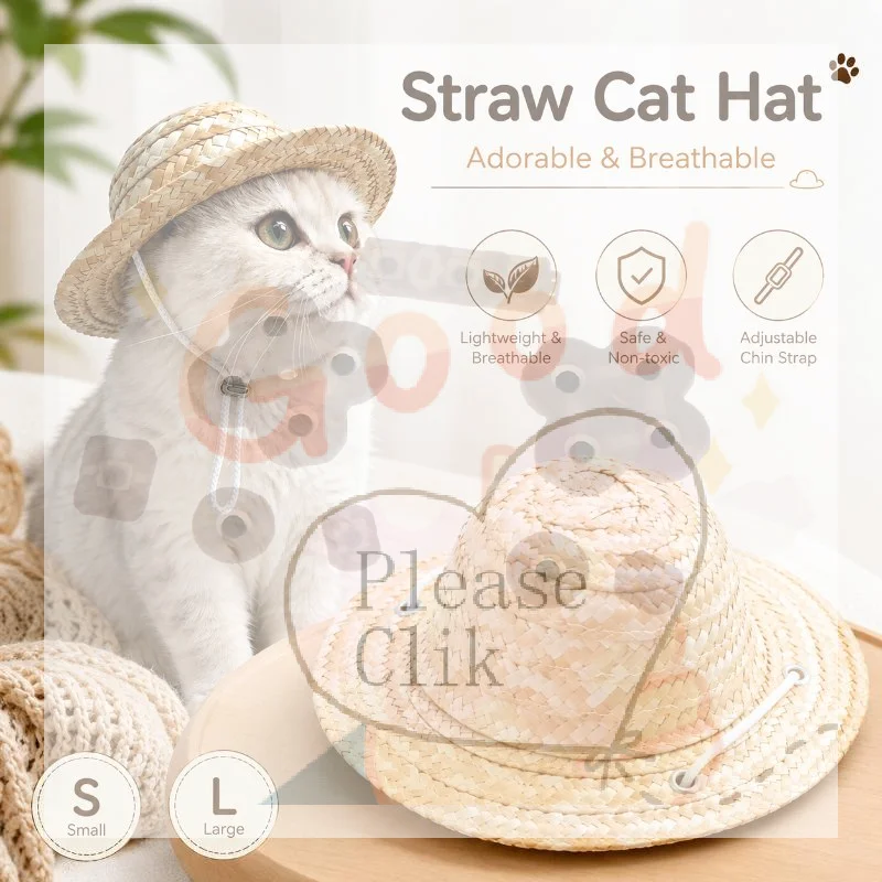 【HG】Cute Pet Straw Hat Adjustable Chin Strap Lightweight Breathable Sun Hat For Cat Small Dog Photo Prop Accessories