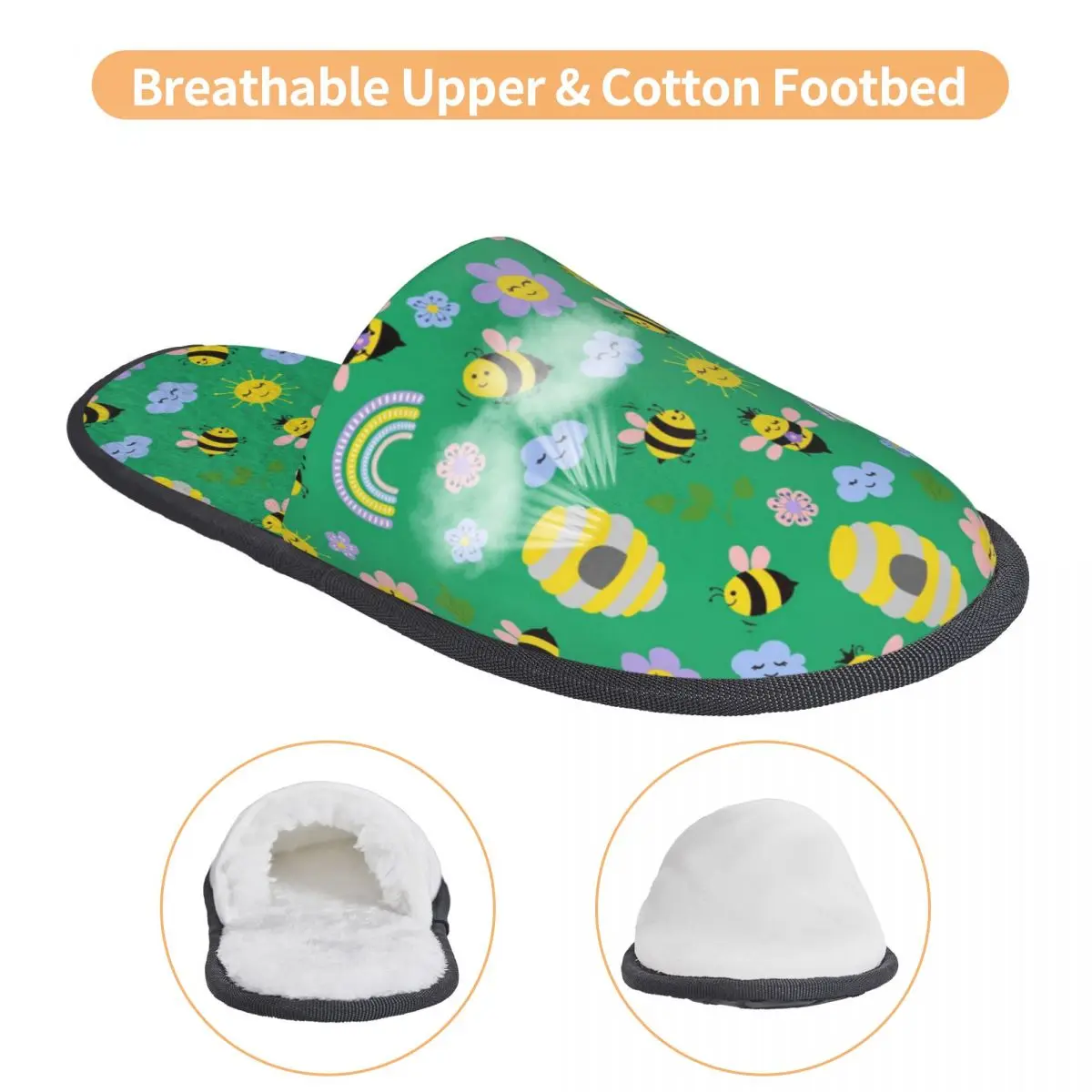 Custom Cute Bees Flowers Soft Scuff Memory Foam Slippers Women Hotel House Shoes