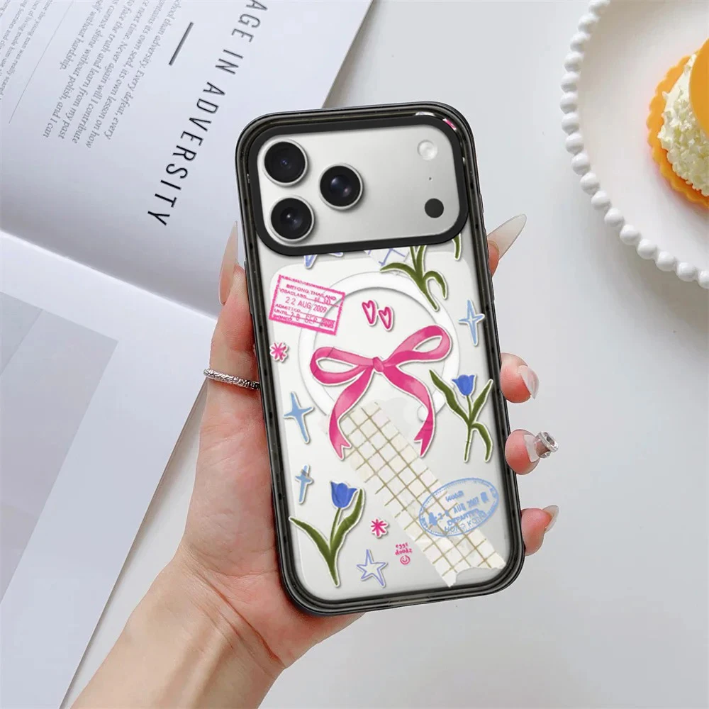 Ribbon Bow Flower Impact Black Border Magnetic Cover for IPhone 12 13 14 15 16 17 Pro Max Case for IPhone 17 Air