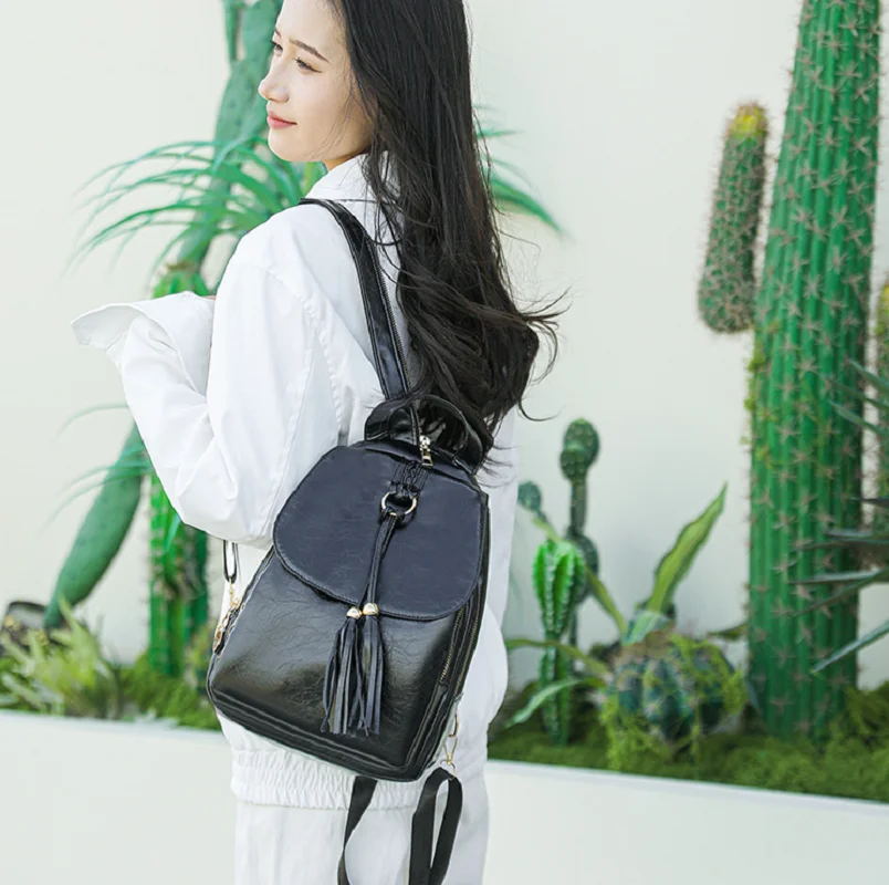New Korean Fashion Tassels High Quality Leather Travel Backpacks Women's Large Capacity Shoulder Bags Crossbody Chest Bag