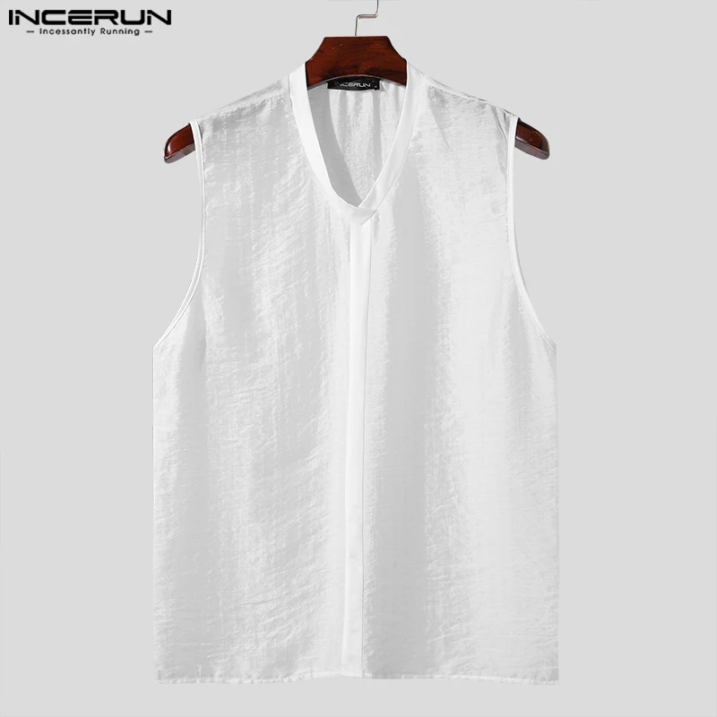 INCERUN Men\'s Tank Tops Solid Color V Neck Sleeveless Casual Male Vests Streetwear 2024 Transparent Summer Stylish Men Clothing