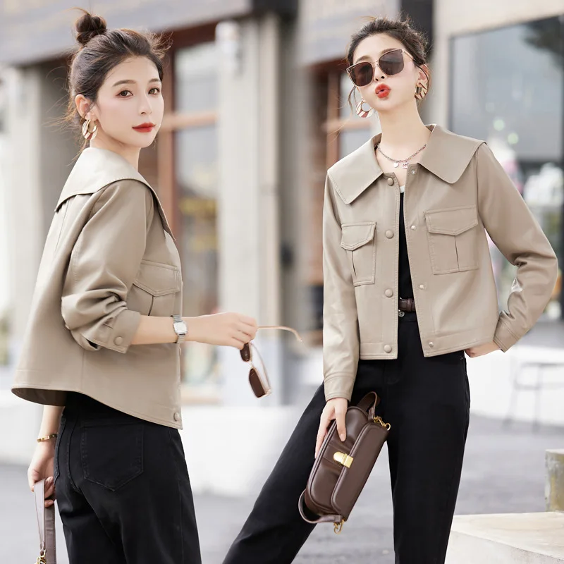 Leather jacket women's short 2024 spring and autumn new small and high-end design feeling slimming brown leather jacket top