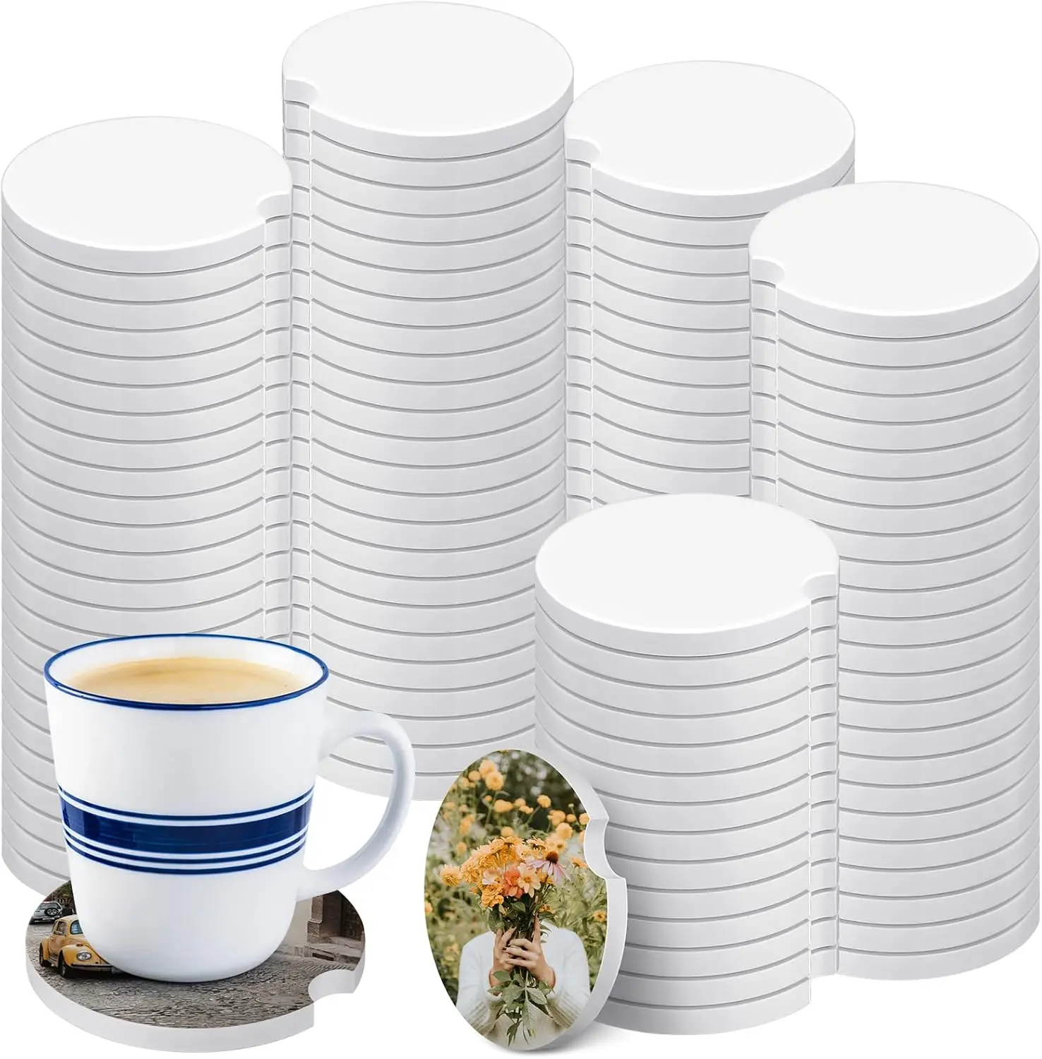 

Ceramic Car Cup Holder Inserts - 100pcs Absorbent Sublimation Blanks with Finger Notch for Easy Removal