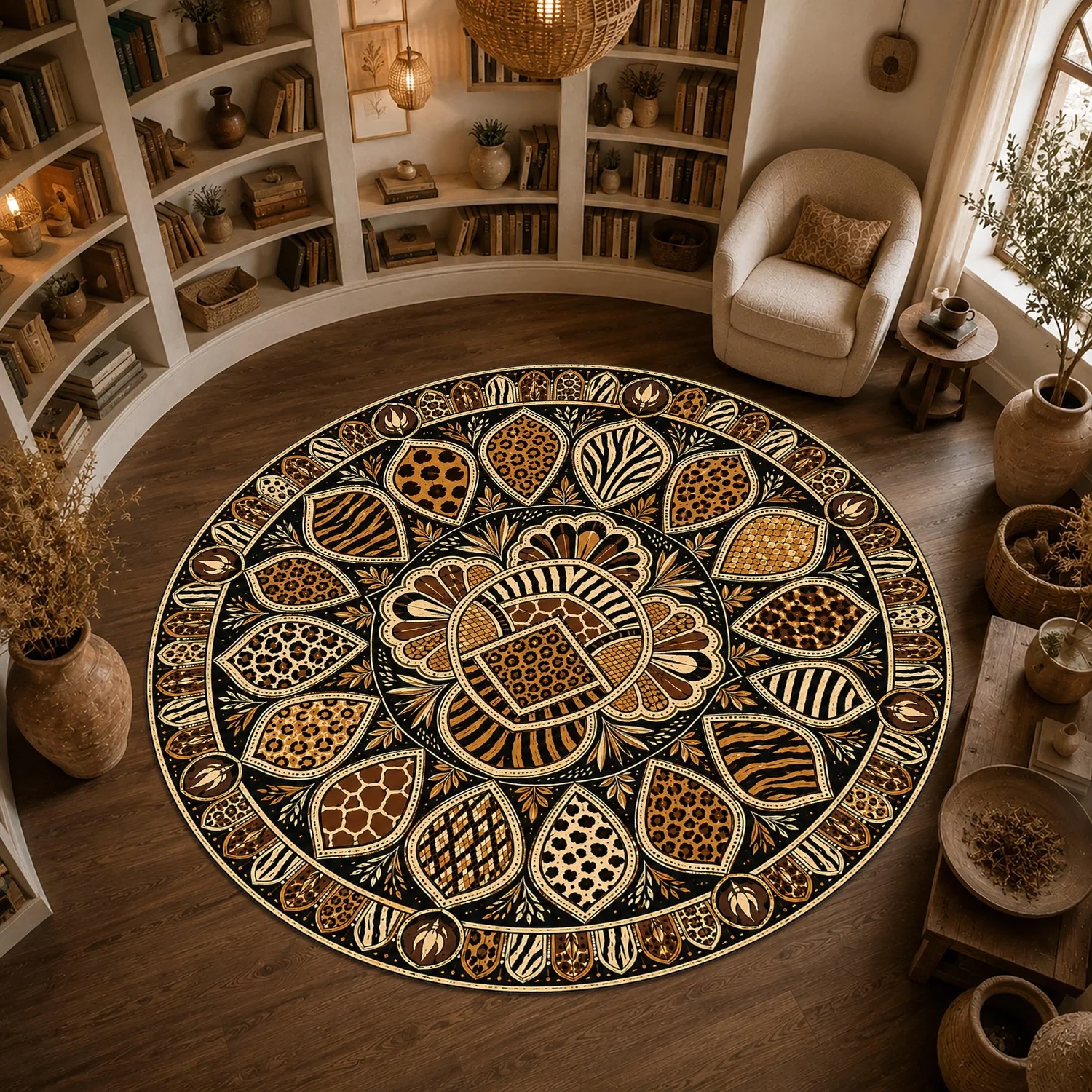 Round Animal-Patterned Rug Featuring Leopard, Zebra, Tiger, and Giraffe Prints, as Well as a Black Botanical Mandala Design, Suitable for Eclectic Interior Design