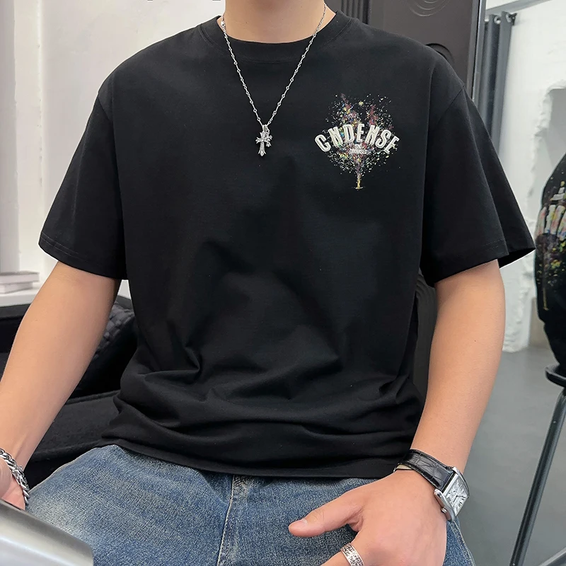 

Motorcycle Back Paint Dot Letter Printed Short-Sleeved Men's Round Neck Summer New Casual Handsome Street Style