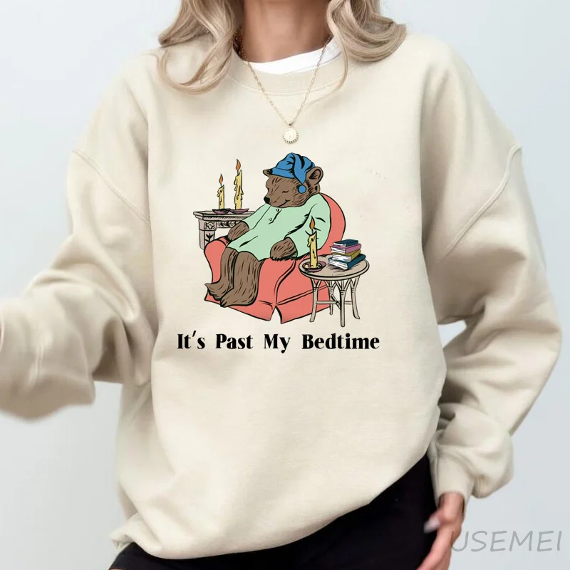 It\'s Past My Bedtime Sweatshirt Women Funny Sleepy Bear Graphic Sweatshirts Trendy Top Pullover Long Sleeve Aesthetic Clothing