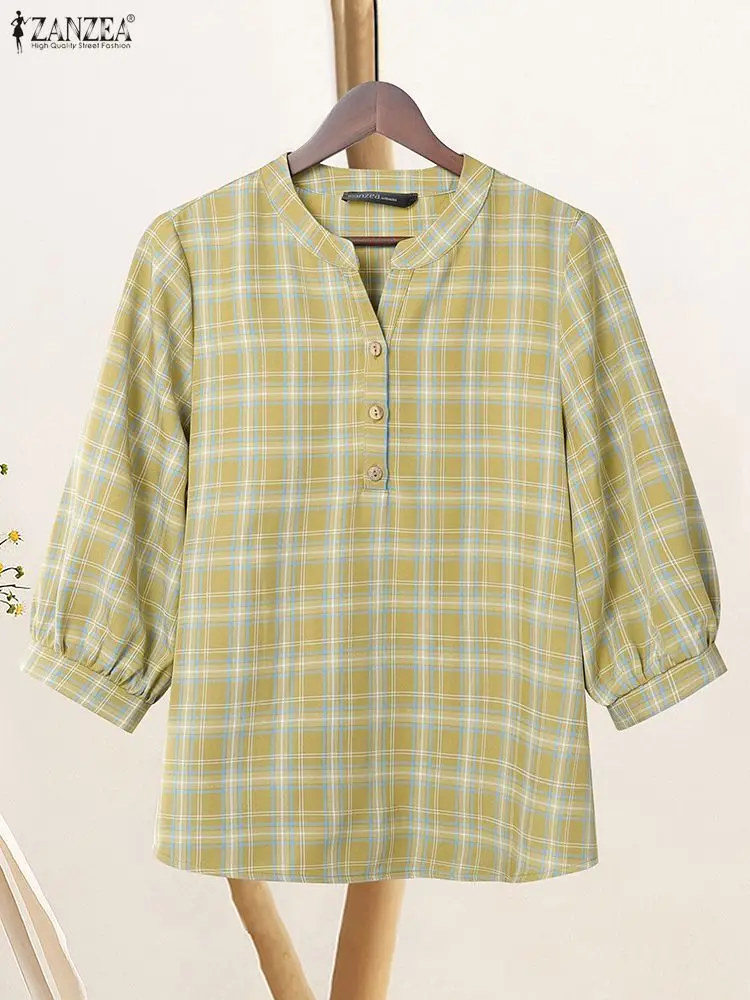 

ZANZEA Summer Plaid Shirts Vintage Women Blouse Casual O Neck 3/4 Sleeve Blusas Mujer Female Loose Chemise Spring Checked Tops