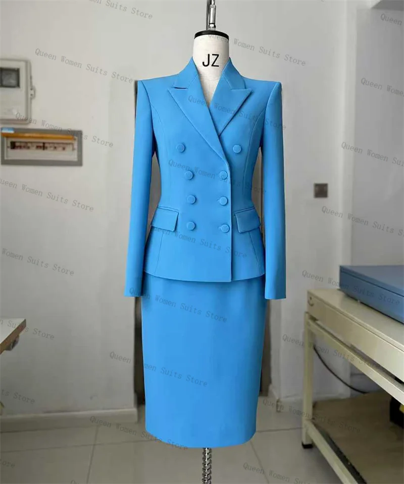 スカイブルー レディース スーツ スカートセット 2ピース ブレザー プロムドレス ゲスト フォーマル オフィスレディー ジャケット コットン ウェディング ブライド コート カスタムメイド