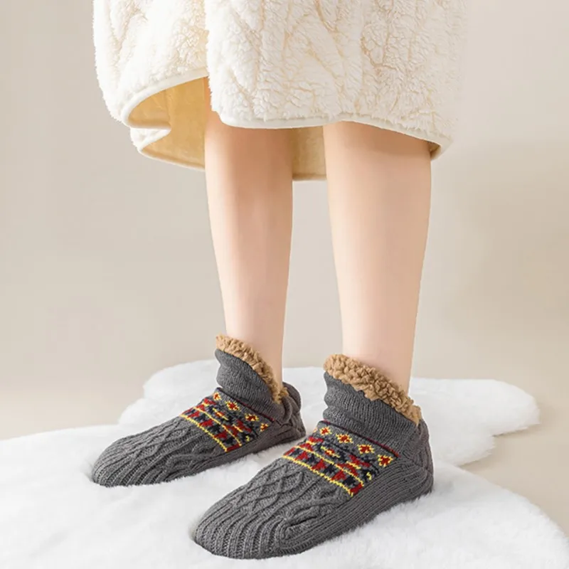 

Non-Slip Grip Sock Slipper Indoor Floor Fleece Warmth Winter Women Boat Home anti Shoe extra-thick Short Stockings 2W104
