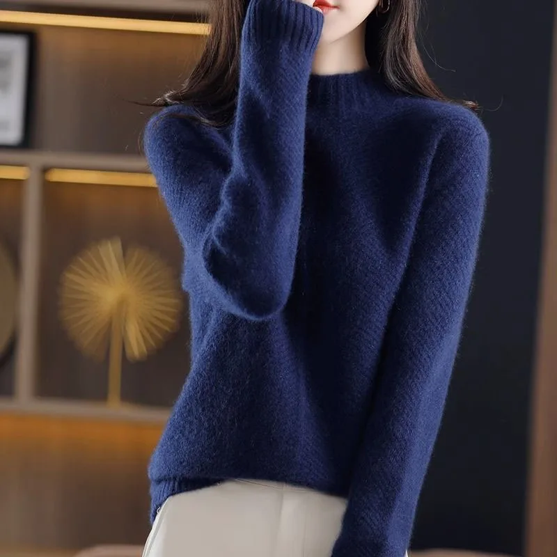 New Autumn/Winter Fashion Trend Solid Color Half High Neck Thickened Loose Versatile Western Style Slim Women\'s Knitted Sweater