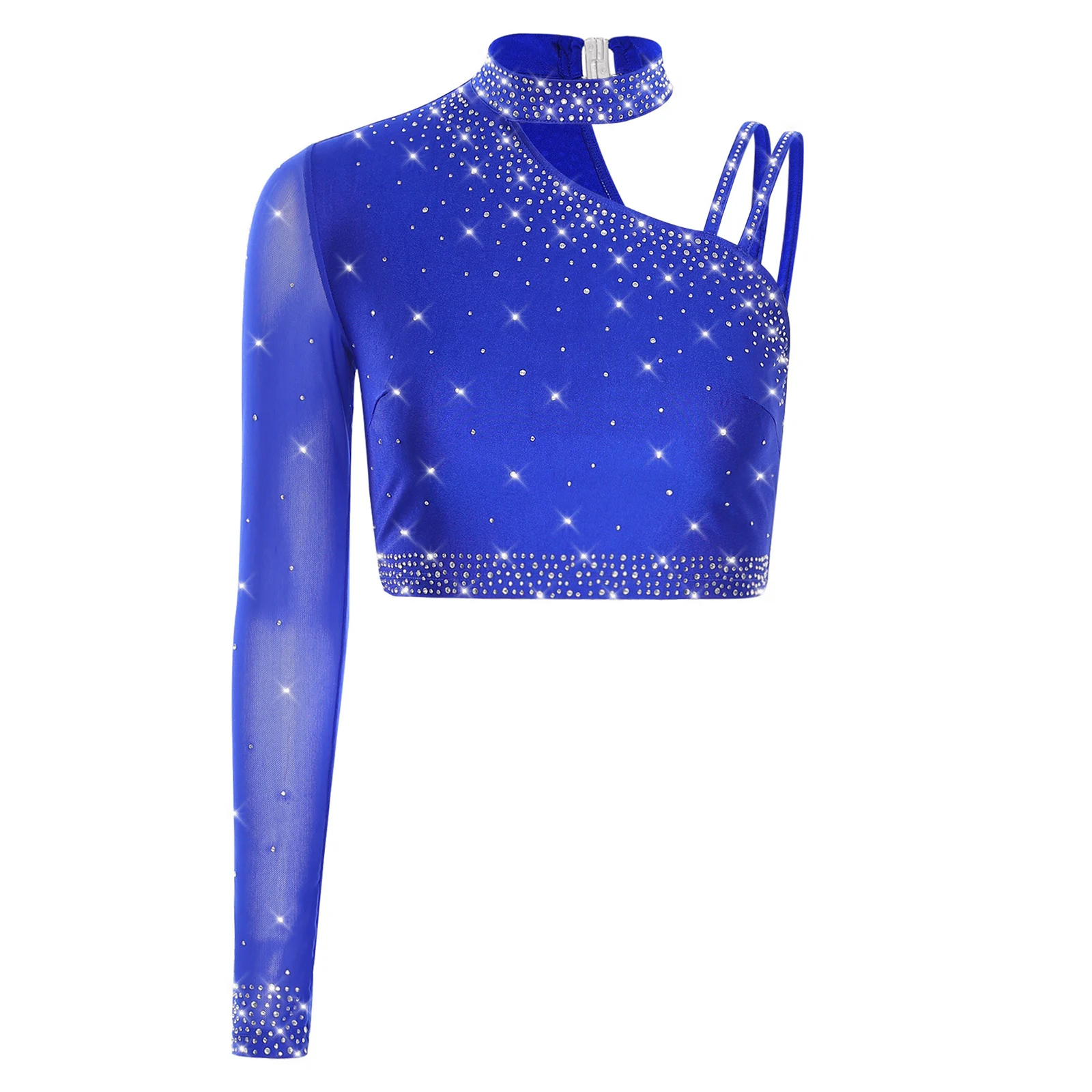 Top corto da ballo latino da donna Top singolo a maniche lunghe con spalla asimmetrica con strass per danza del ventre Chacha Tango Dancewear