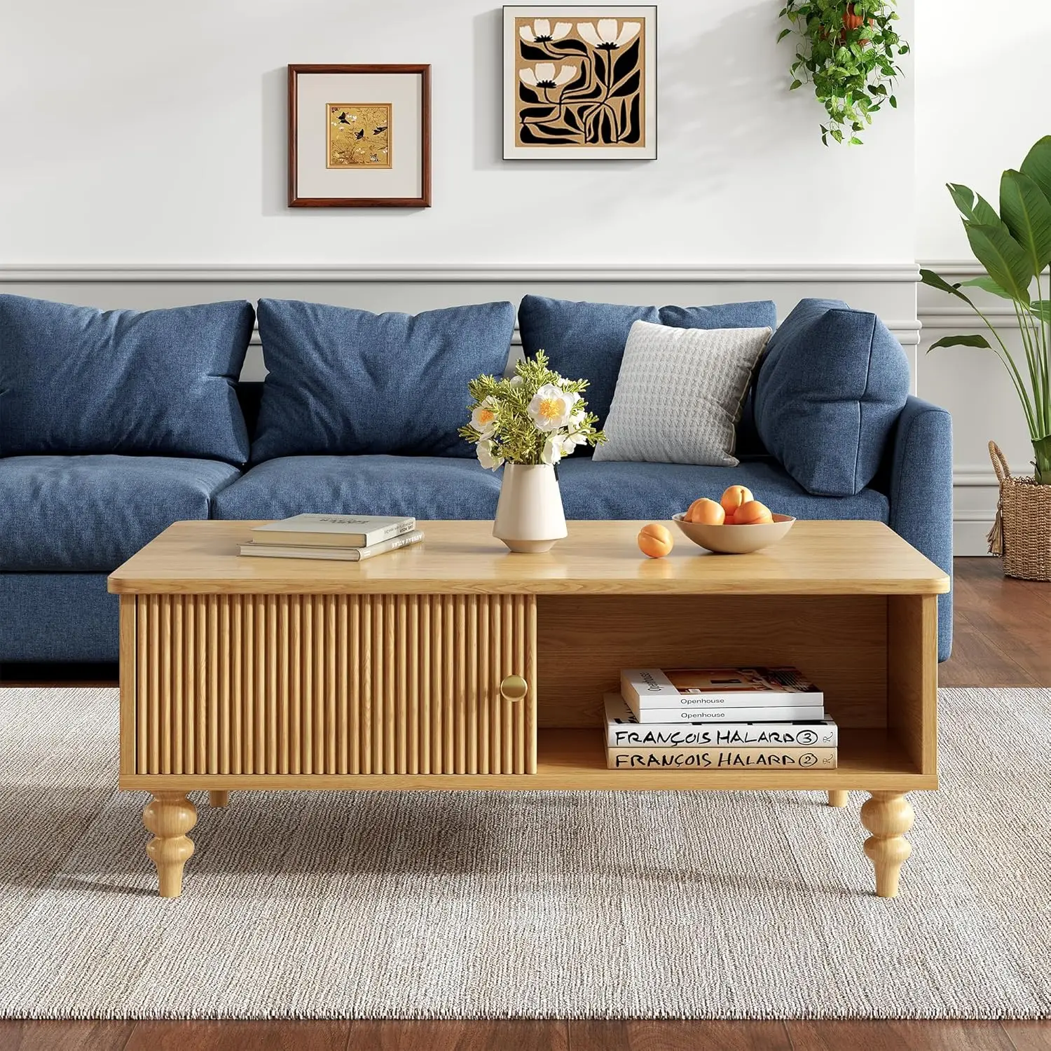 

Mid-Century Modern Coffee Table, Wooden Fluted Entertainment Center With Open Storage Shelf, Rustic Living Room Furniture For Ho
