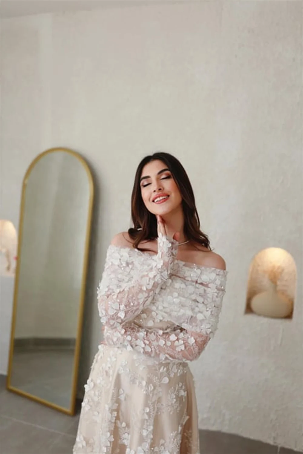 Bella Champagn Tulle Evening dresses Off the Shoulder A-line Vestidos De Fiesta Elegant Long Sleeves Ankle-length  فساتين سهرة