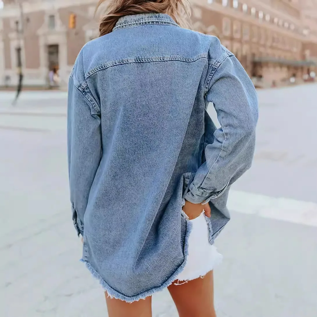 Midiross Washed Denim Jacket Women Autumn Tassel Lapel Jeans Jacket Female Fashion Casual Loose Long Sleeve Single Breasted Coat