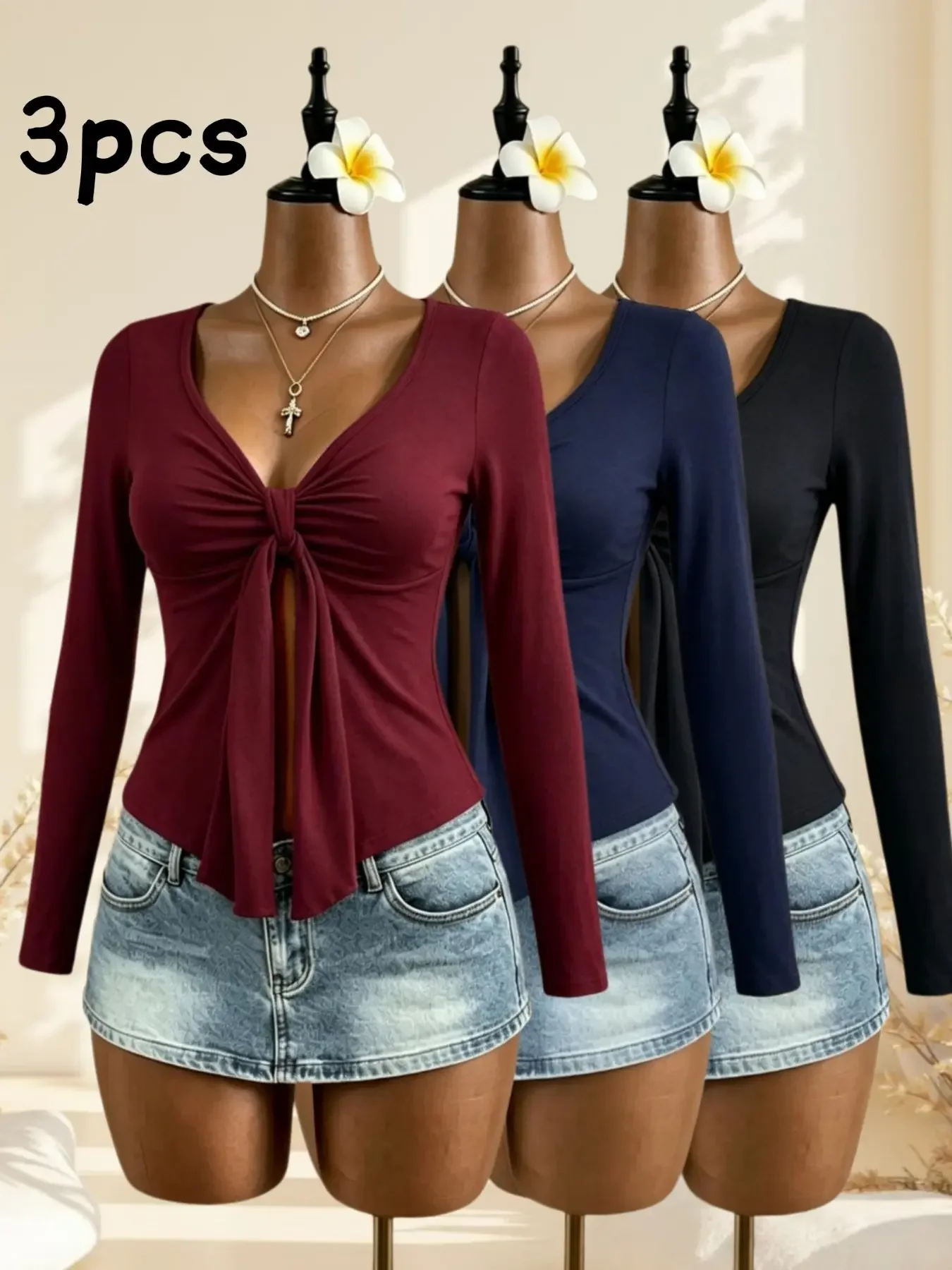 Women 3 Pack V‑Neck Front Knot Cutout Long Sleeve Top Slim Fit Tie‑Front Hollow Out Irregular Hem Solid Casual Going‑out Fitted