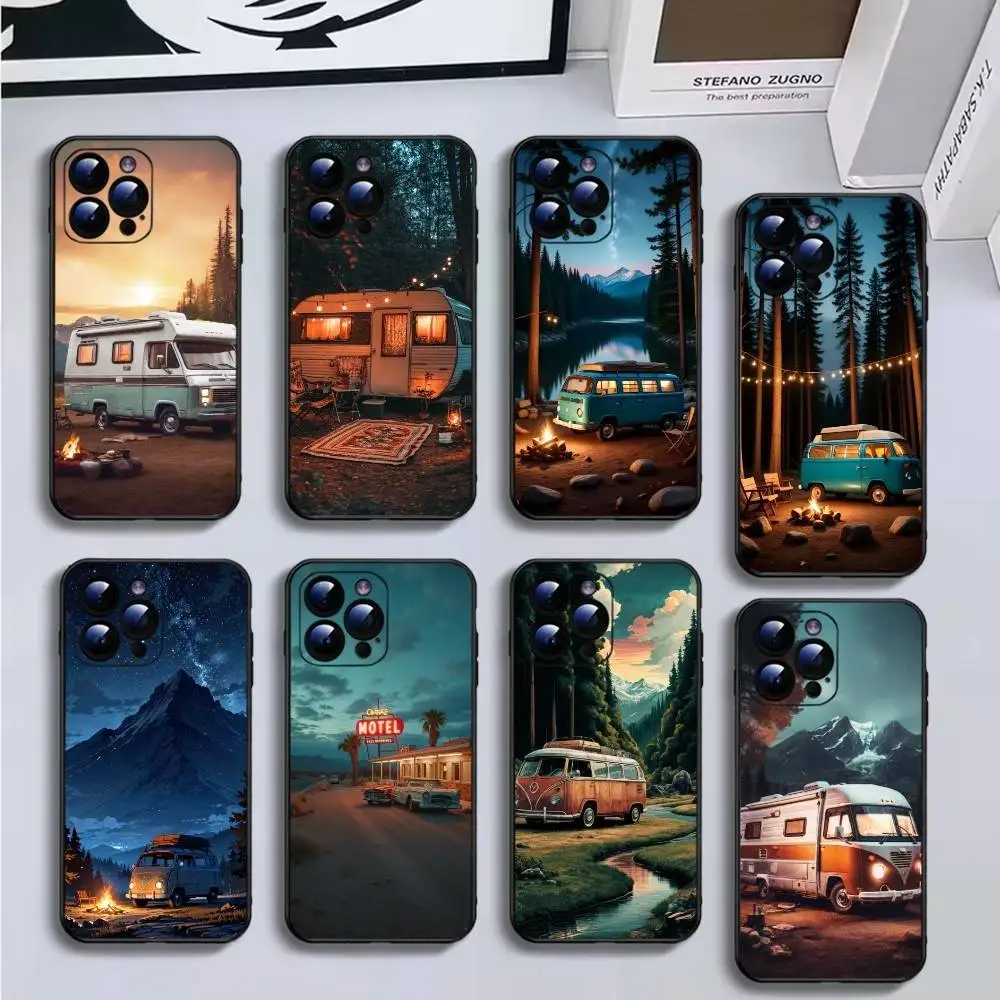

Summer Overseas Travel van Phone Case For iPhone16,15,14,13,12,11 Plus,Pro Max,XS,X,XR,SE,Mini,8,7,Soft Black Cover