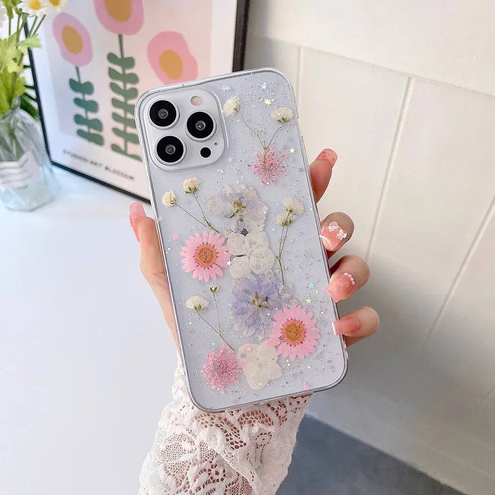 for iPhone 16 15 14 13 12 11 Pro Max Mini XS XR SE Plus Case Real Dry Flower Glitter Clear Epoxy Cute Cover Shockproof Shell