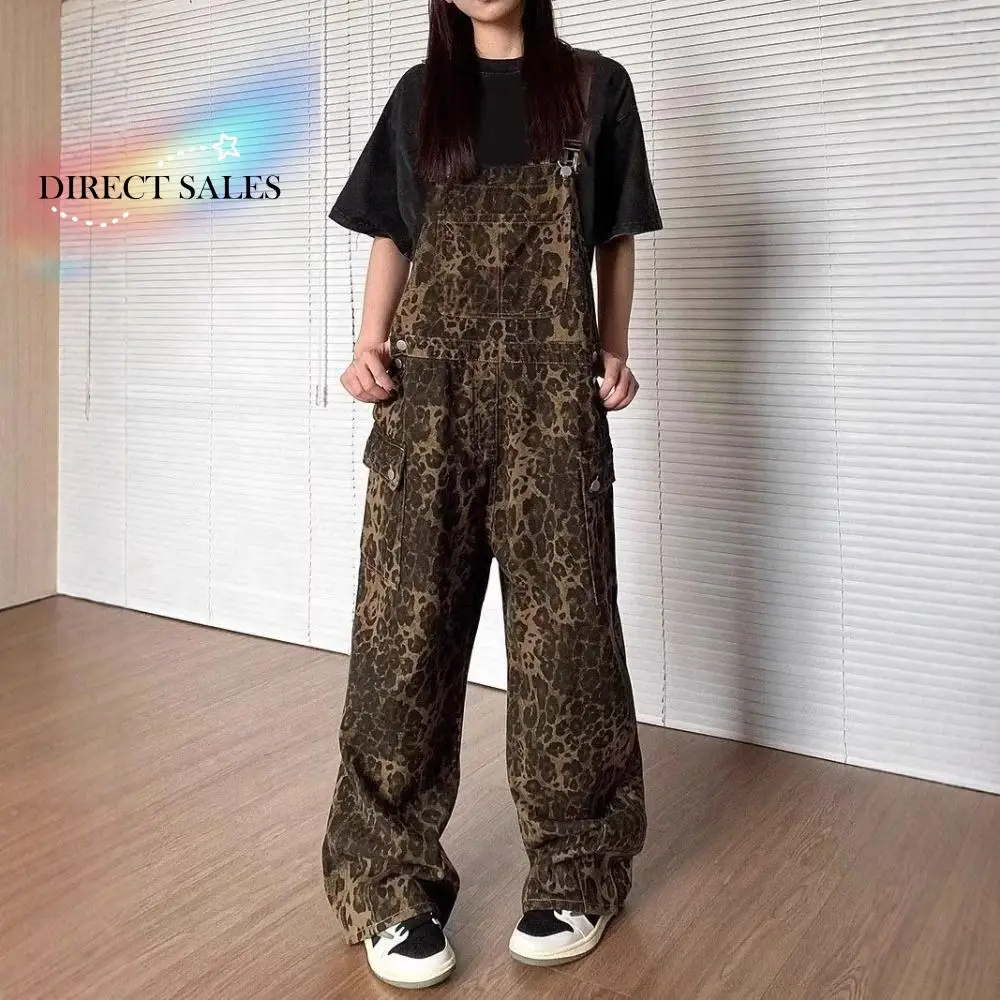 

Baggy Leopard Print Overalls Wide Leg Straight Leg Rompers Women Y2k Ins Style High Waist Leopard Print Pants Party
